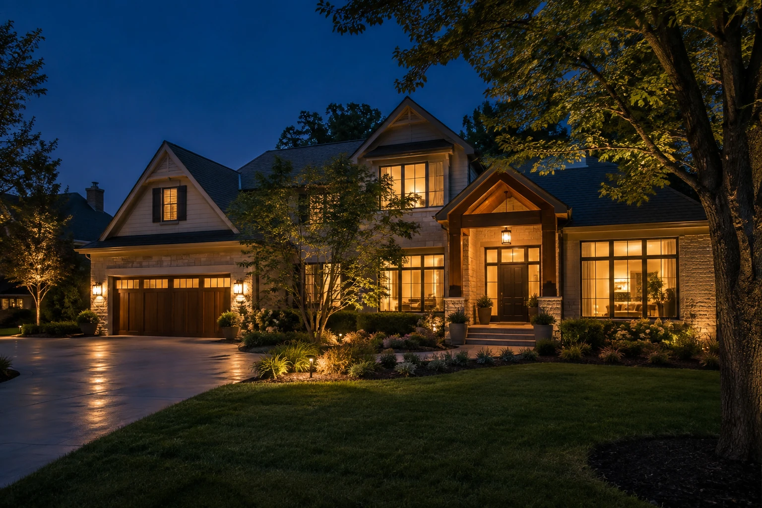 An inviting American home with warmly lit windows at dusk